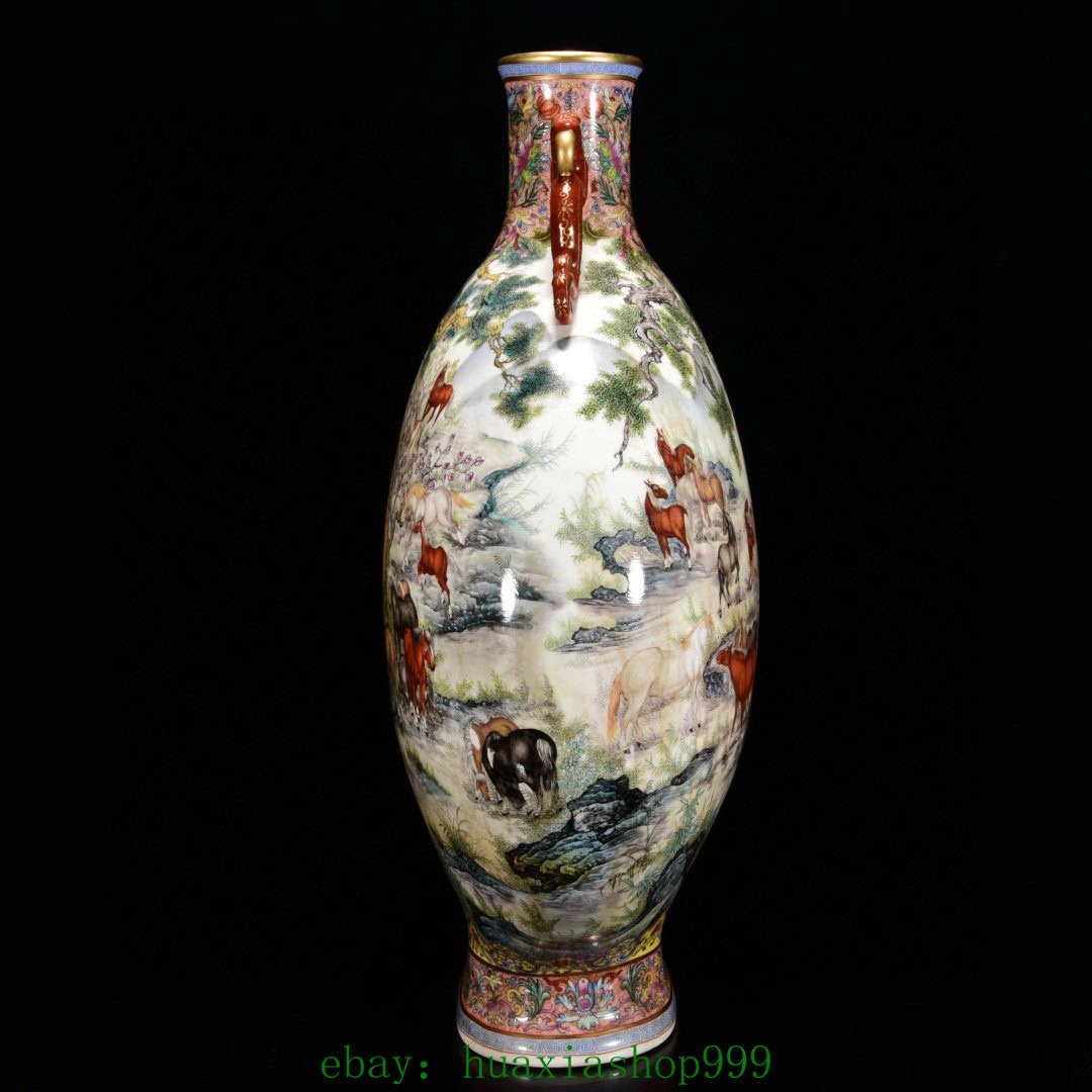 21.6"Enamel Color Porcelain Gilt Cattle Cow ox Bull Double Beast Ear Bottle Vase