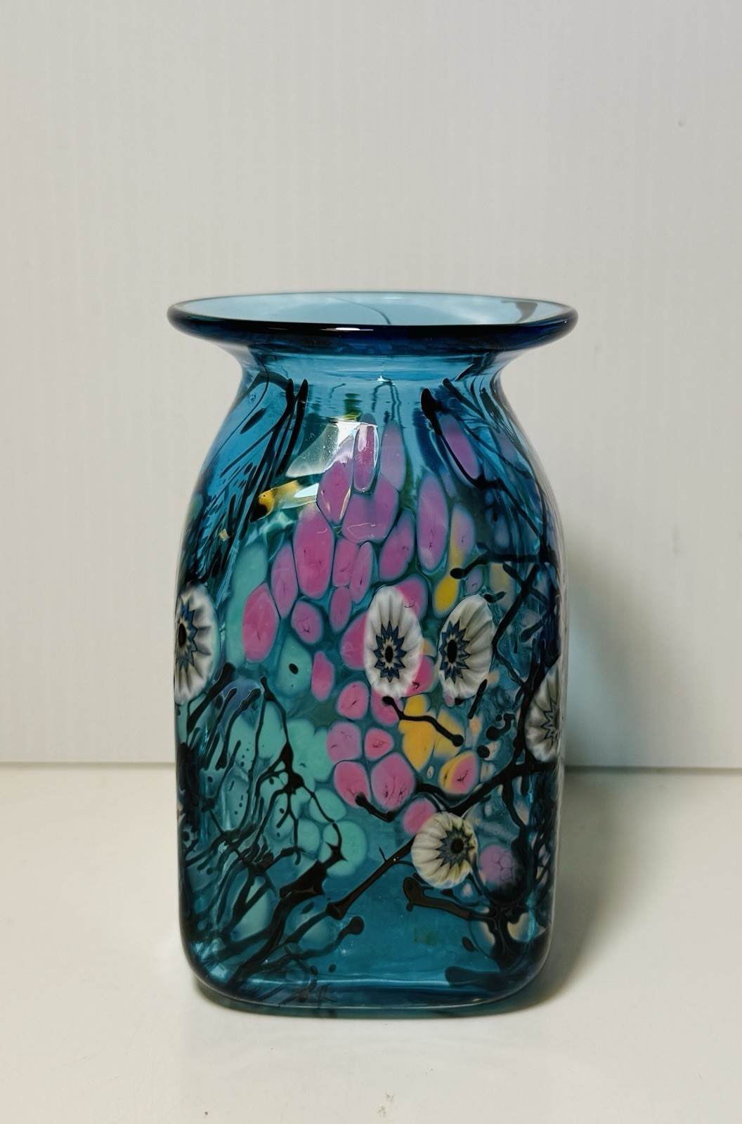 Herb A. Thomas Art Glass Hand Blown Blue Millefiori Floral Vase Signed HAT 4.5”