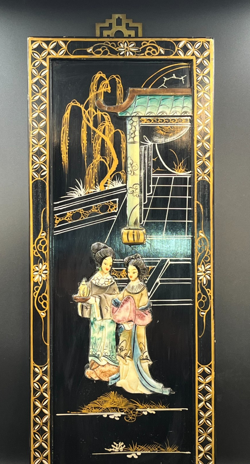 Vintage Chinese Black Lacquer Wall Panel Mother of Pearl Inlay & Stone Art