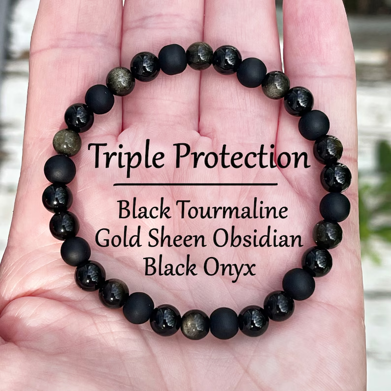 Black Tourmaline Obsidian Onyx Beads Triple Protection Bracelet