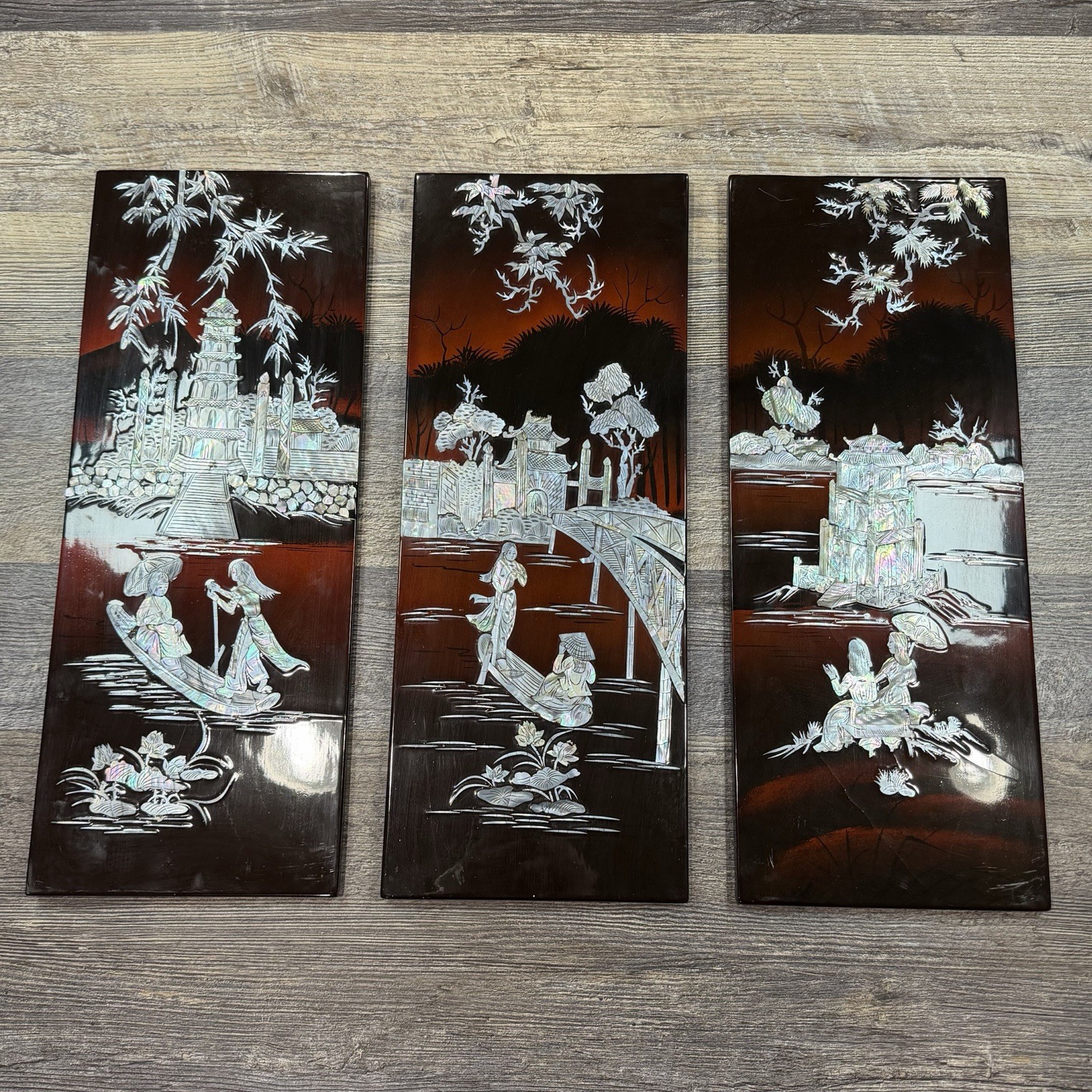 3 Vintage Asian Mother of Pearl Inlay Red Lacquer Wall Panels Village Landscape