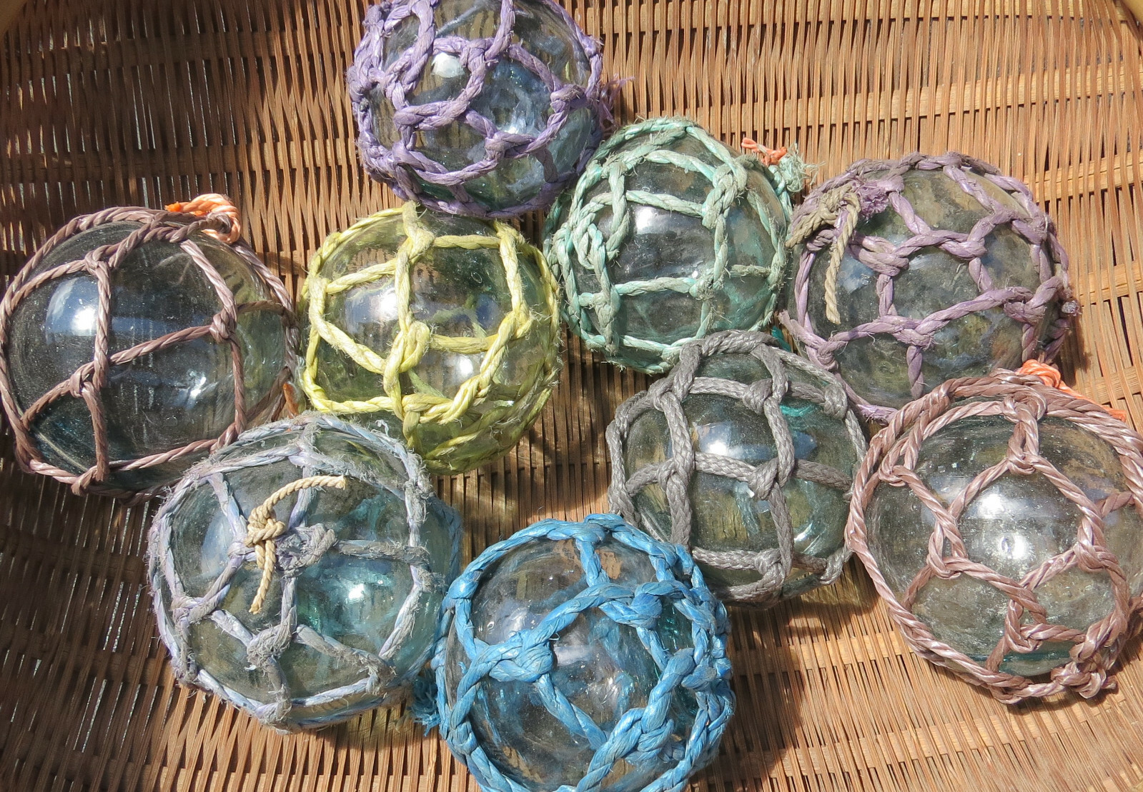 Japanese Glass Fishing FLOATS 3" Netted LOT-9 Net Buoy Authentic Vintage!