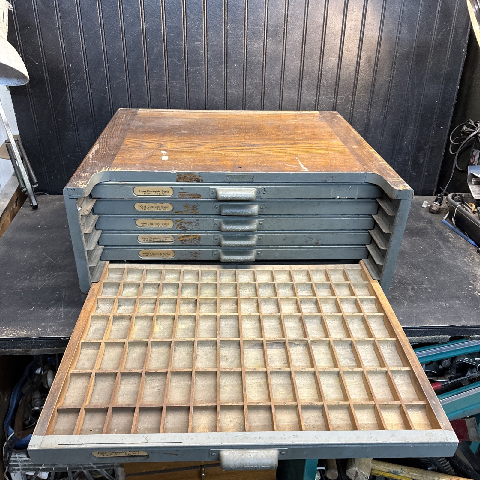 Industrial Oak Multigraph Printers Cabinet w/6 Drawers w/98 box Jewelry box Tool