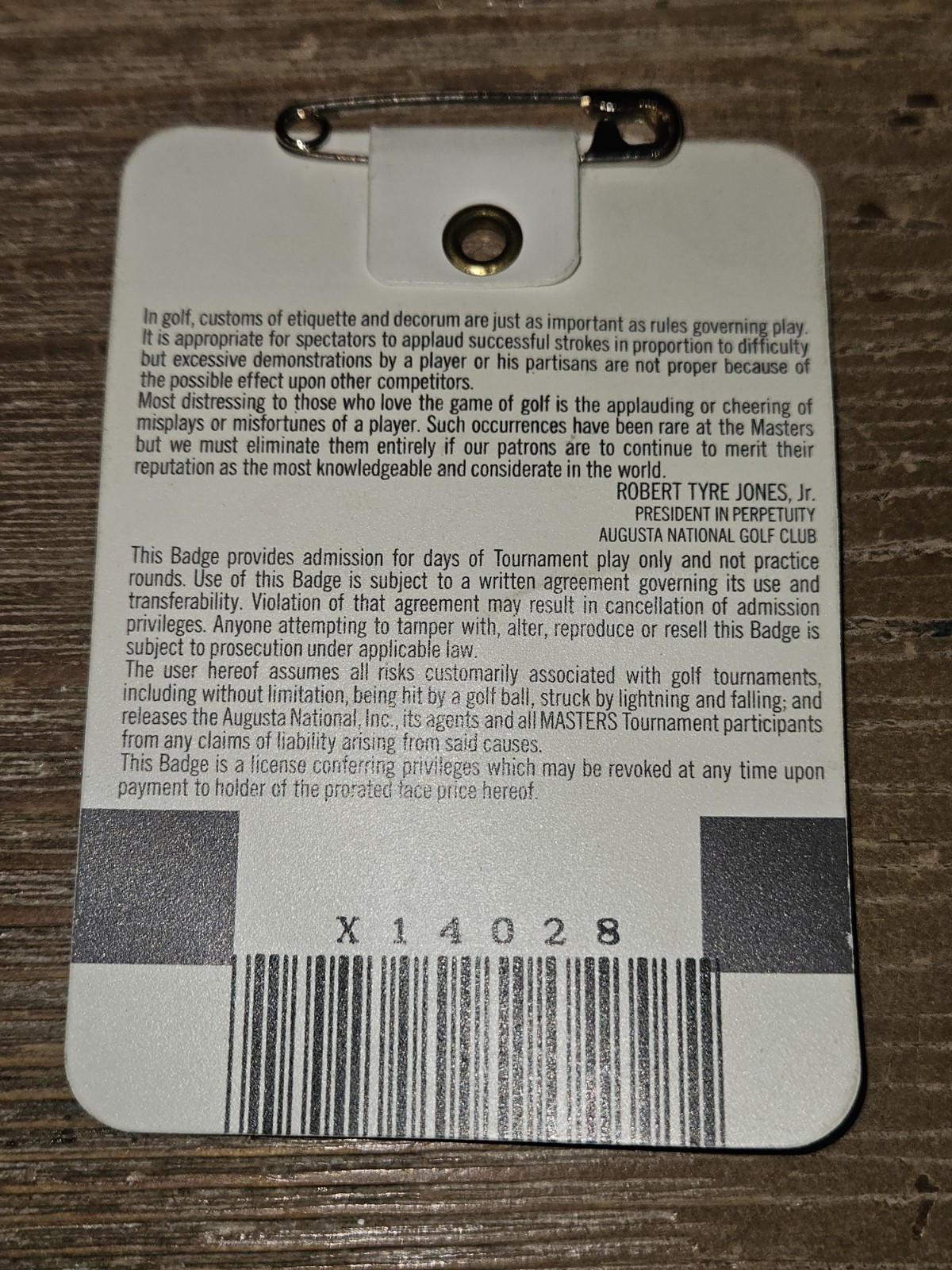 1995 Masters Badge Tiger Woods 1st Masters ANGC