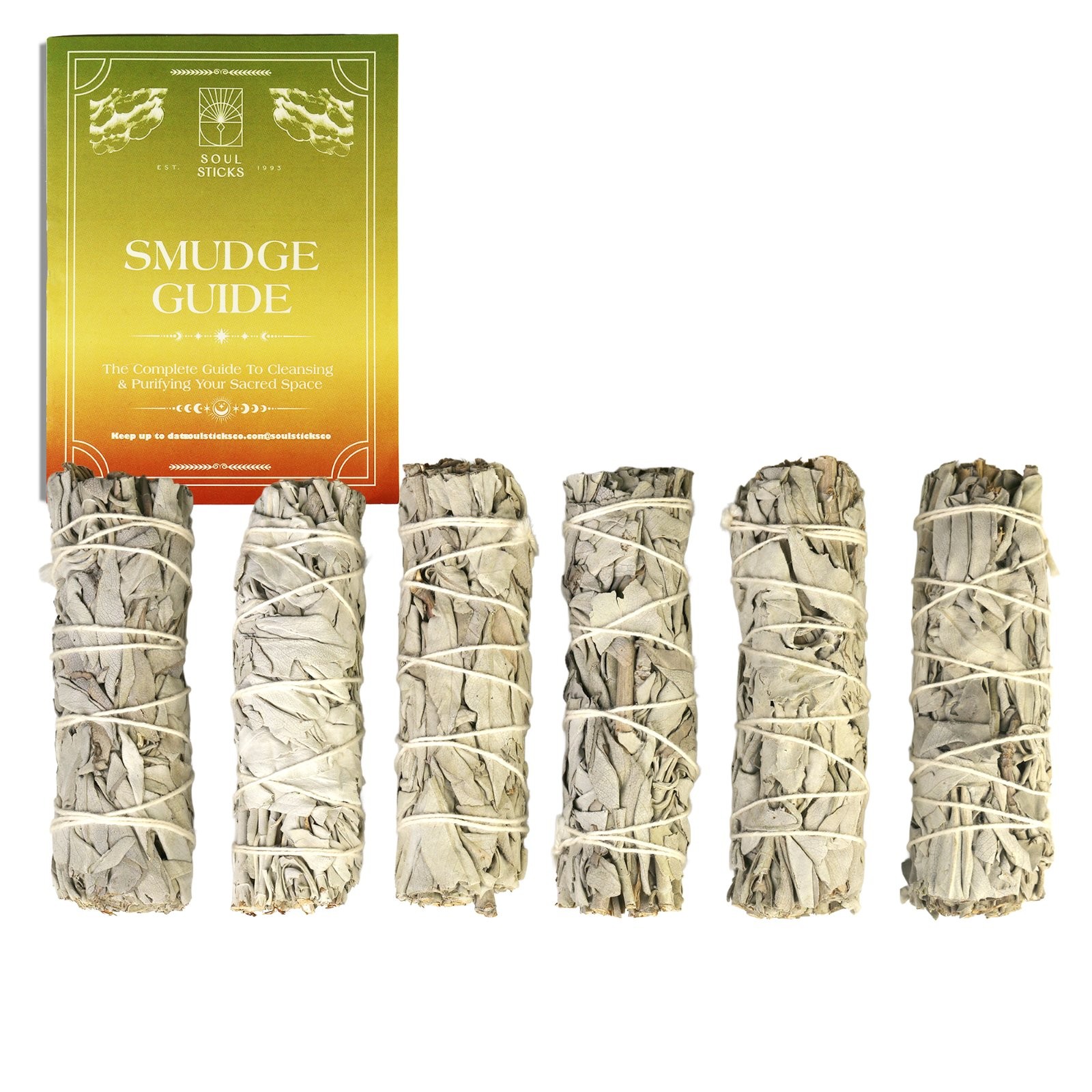 White Sage Smudge Sticks – 4" Bundles with Smudge Guide for Cleansing, 6 Pack