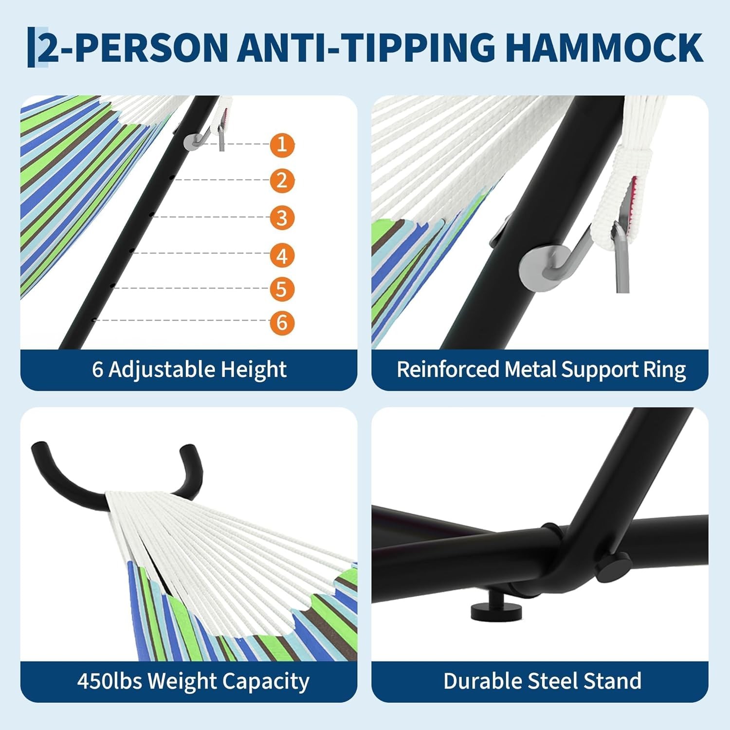 Double Hammock with Stand 2 Person Cotton Rope Design 450 Lbs Capacity for Patio