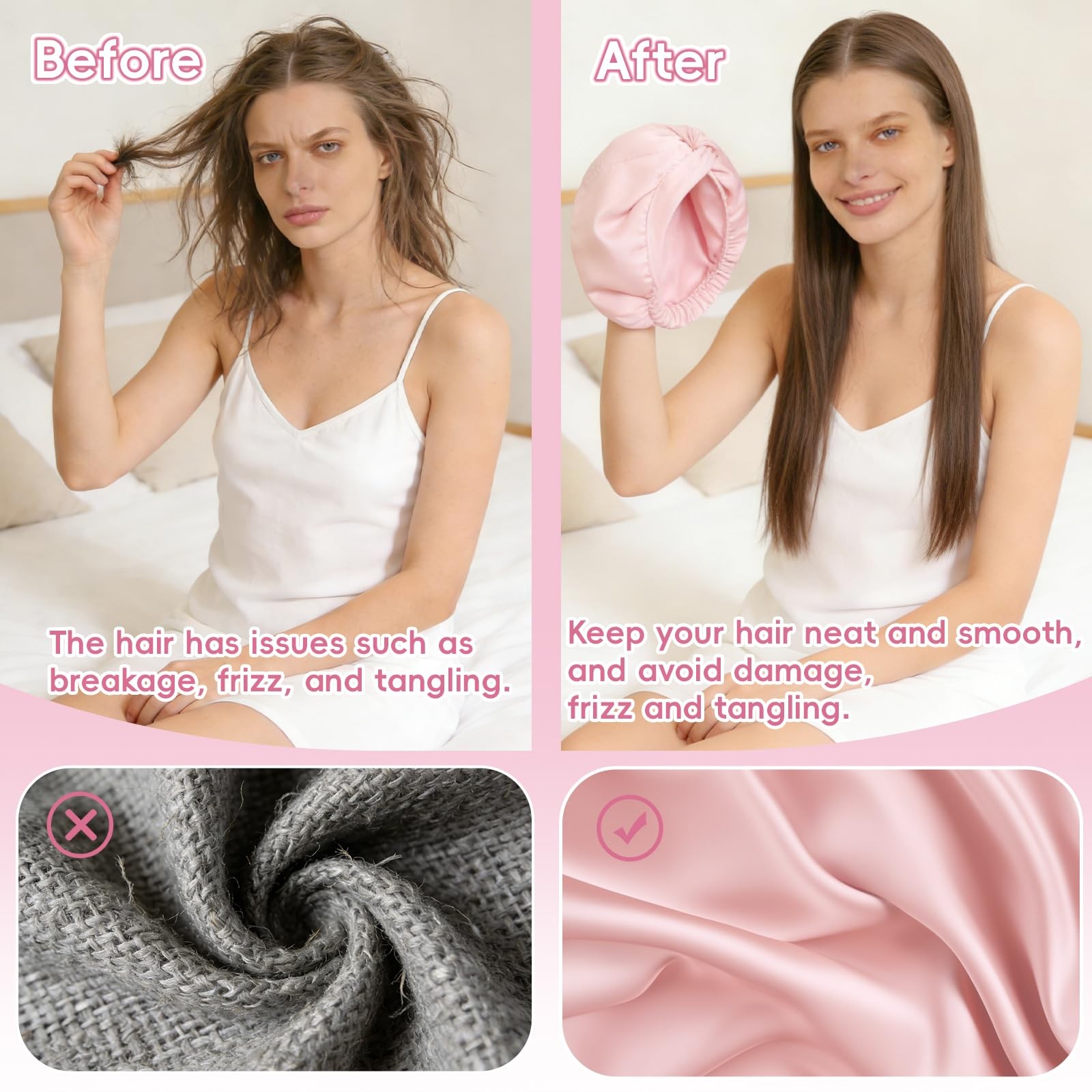 Fistmta 22 Momme 100% Mulberry Silk Bonnet for Sleeping Women, Large, Pink