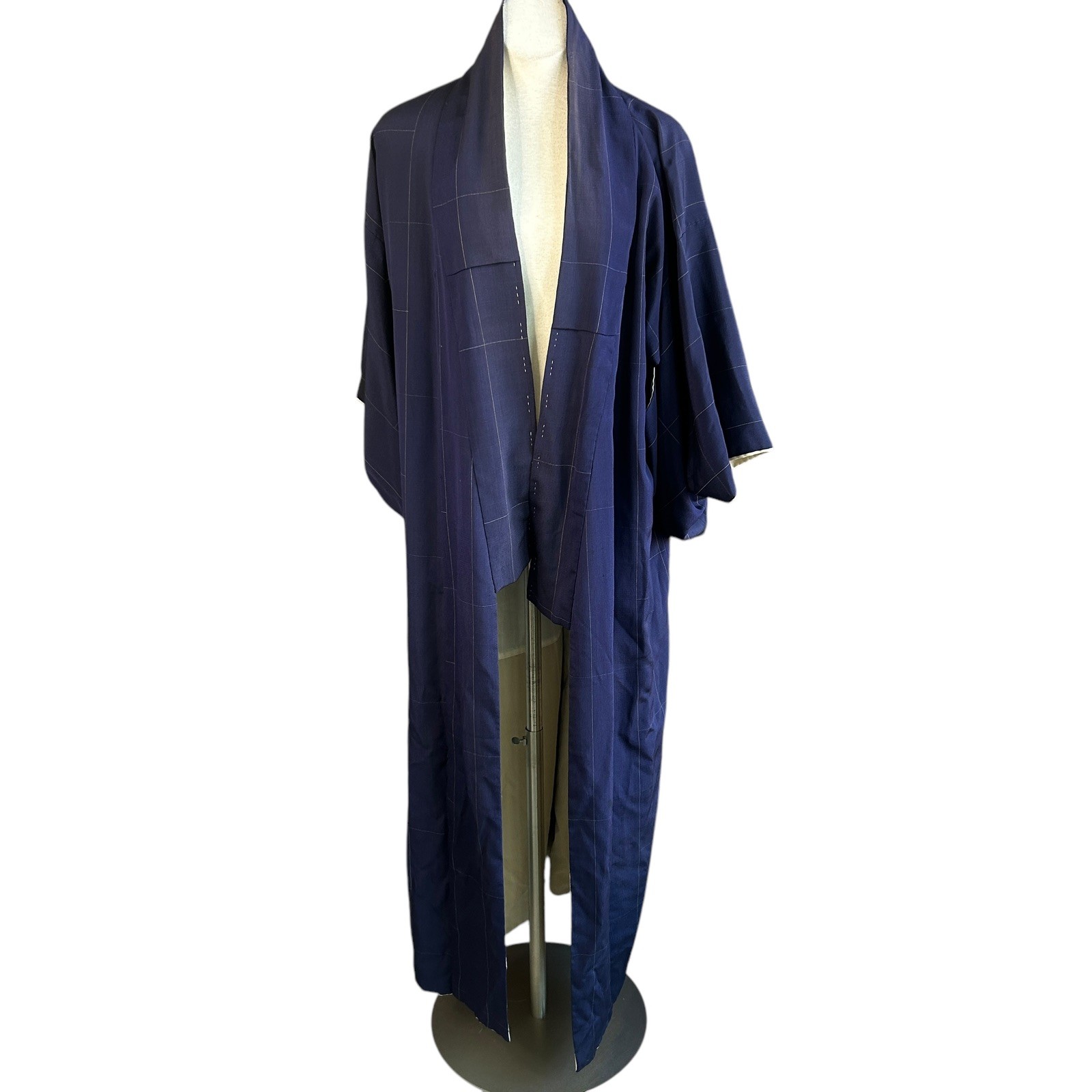 Japanese Vintage Navy Blue Windowpane Full Length Kimono Robe 100% Silk Lined
