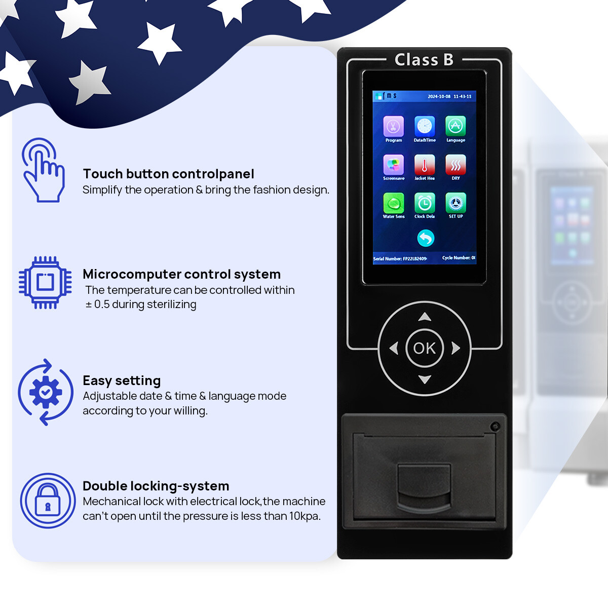 18L Dental Autoclave Steam Sterilizer Medical Class B Sterilization LCD Printer