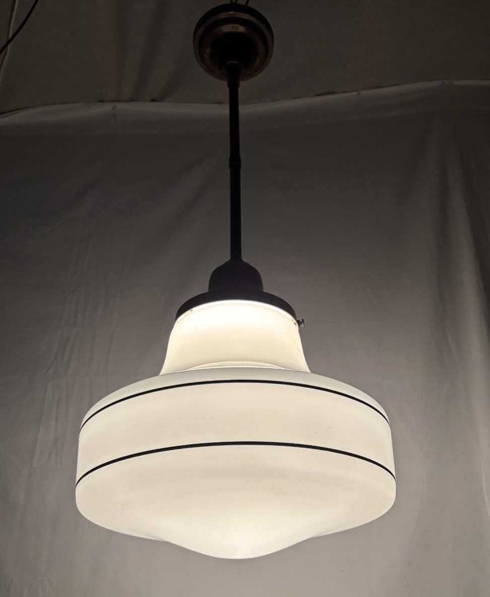 Schoolhouse Ceiling Light Fixture Vtg Art Glass Shade Black Stripes USA #L43