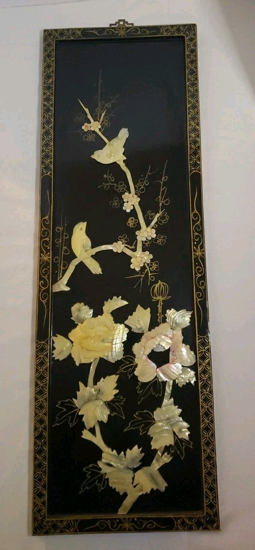 Vintage MCM 4-Panel Mother of Pearl/Black Lacquer Asian Art Wall Panels 36"x12"