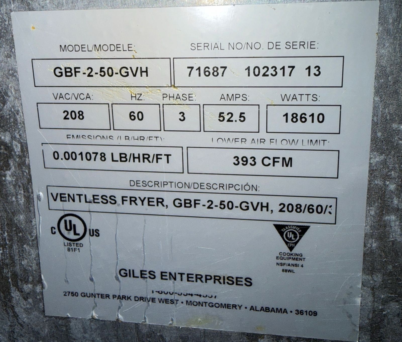 🚨 Giles GBF-2-50GVH double ventless fryer