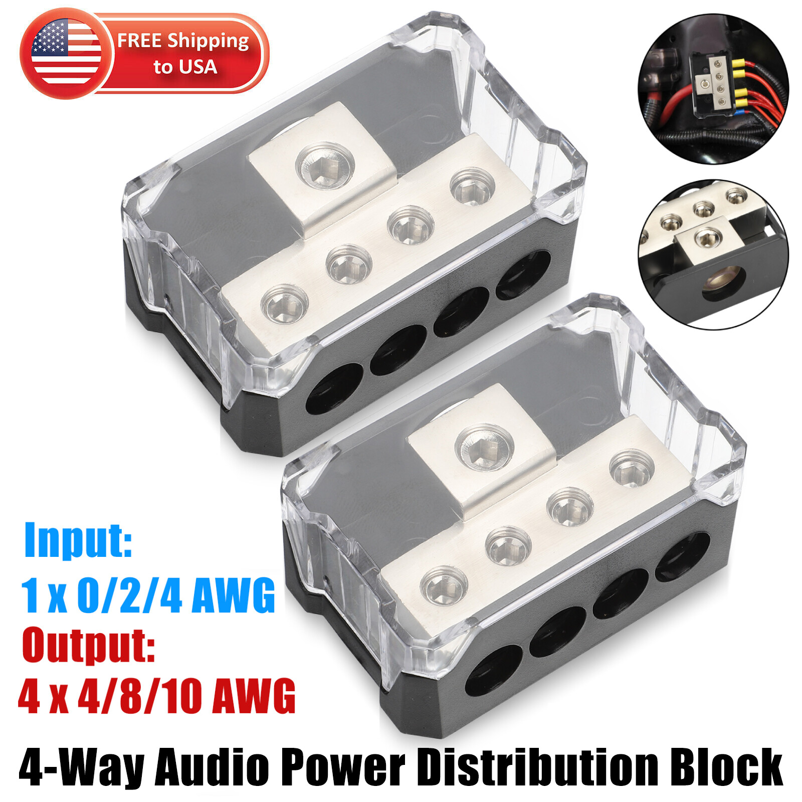 2PCS 1/0 Gauge Input to 2 x 1/0 Gauge Output Power/Ground Distribution Block Set