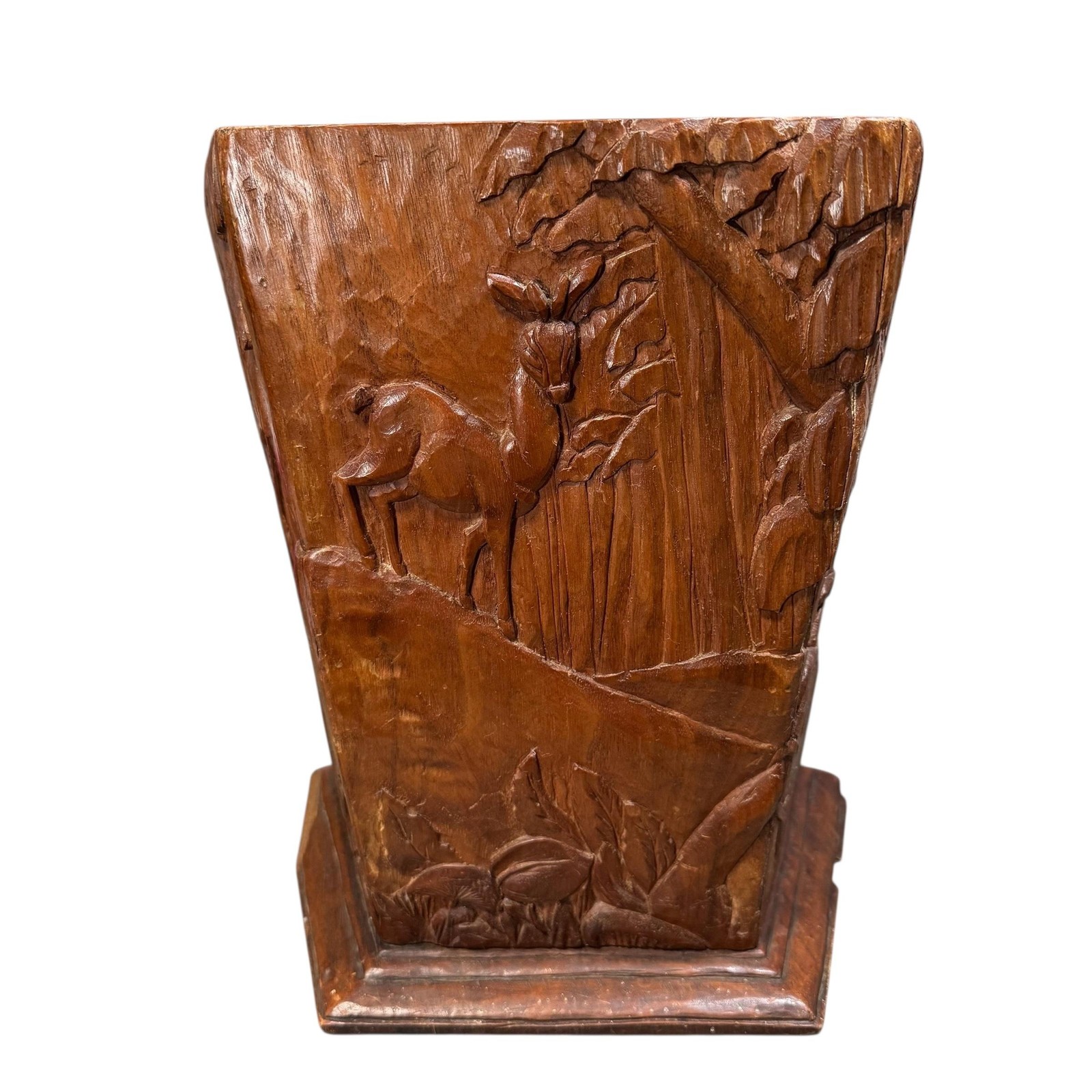 Vintage Hand Carved Wood Deer Forest Table Vase Pentagon Rustic Folk Primitive