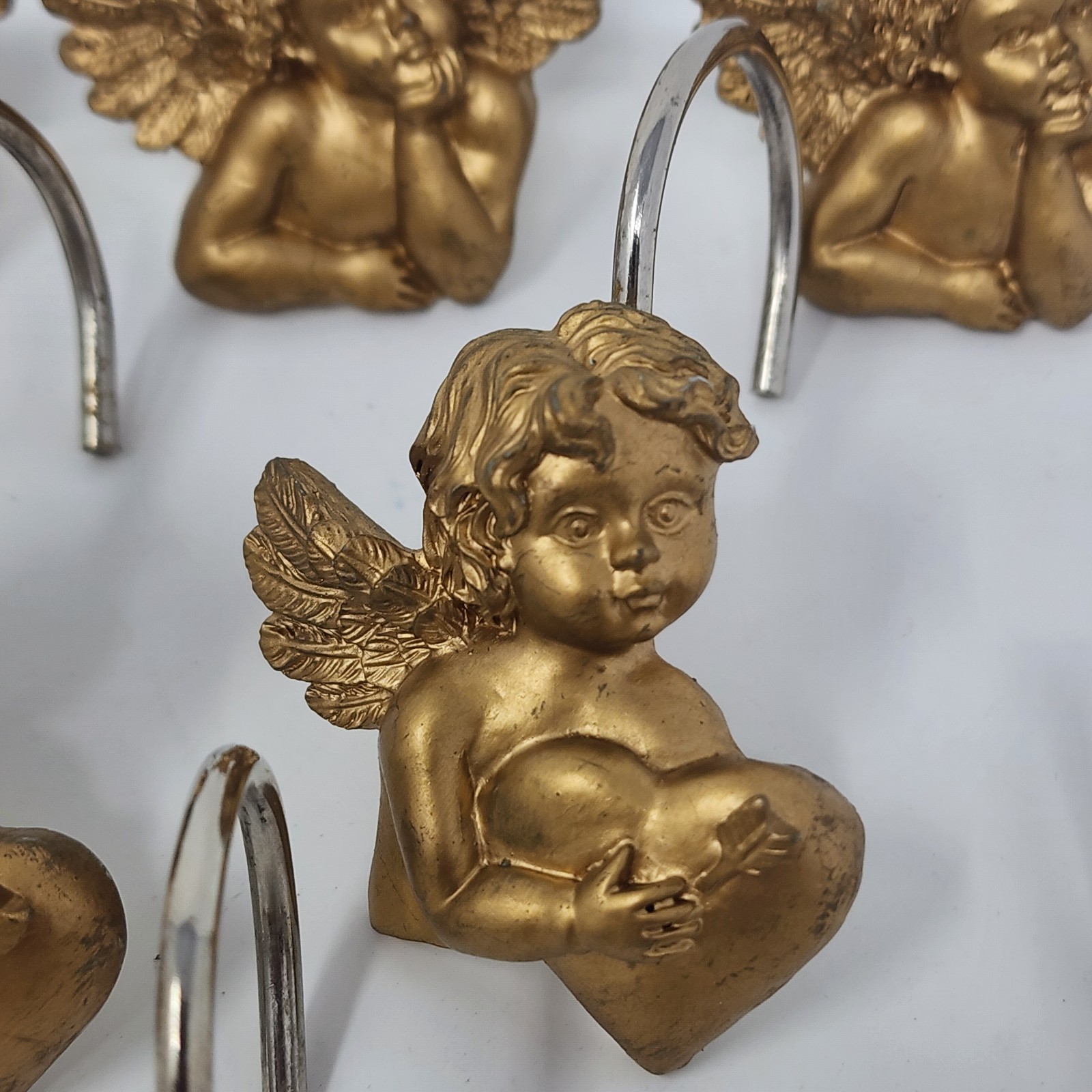 Gold Painted Angel Cherub Shower Curtain Hook Resin Stainless Set of 12