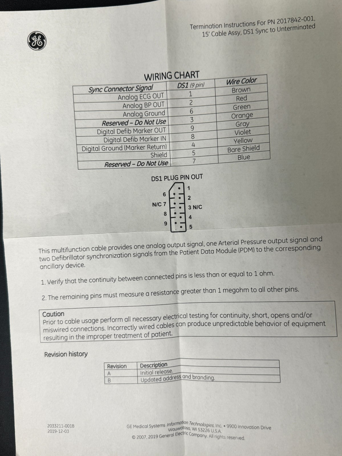GE MEDICAL 2017842-001 DS1 SYNC INTERFACE CABLE TO UNTERM CABLE 15FT