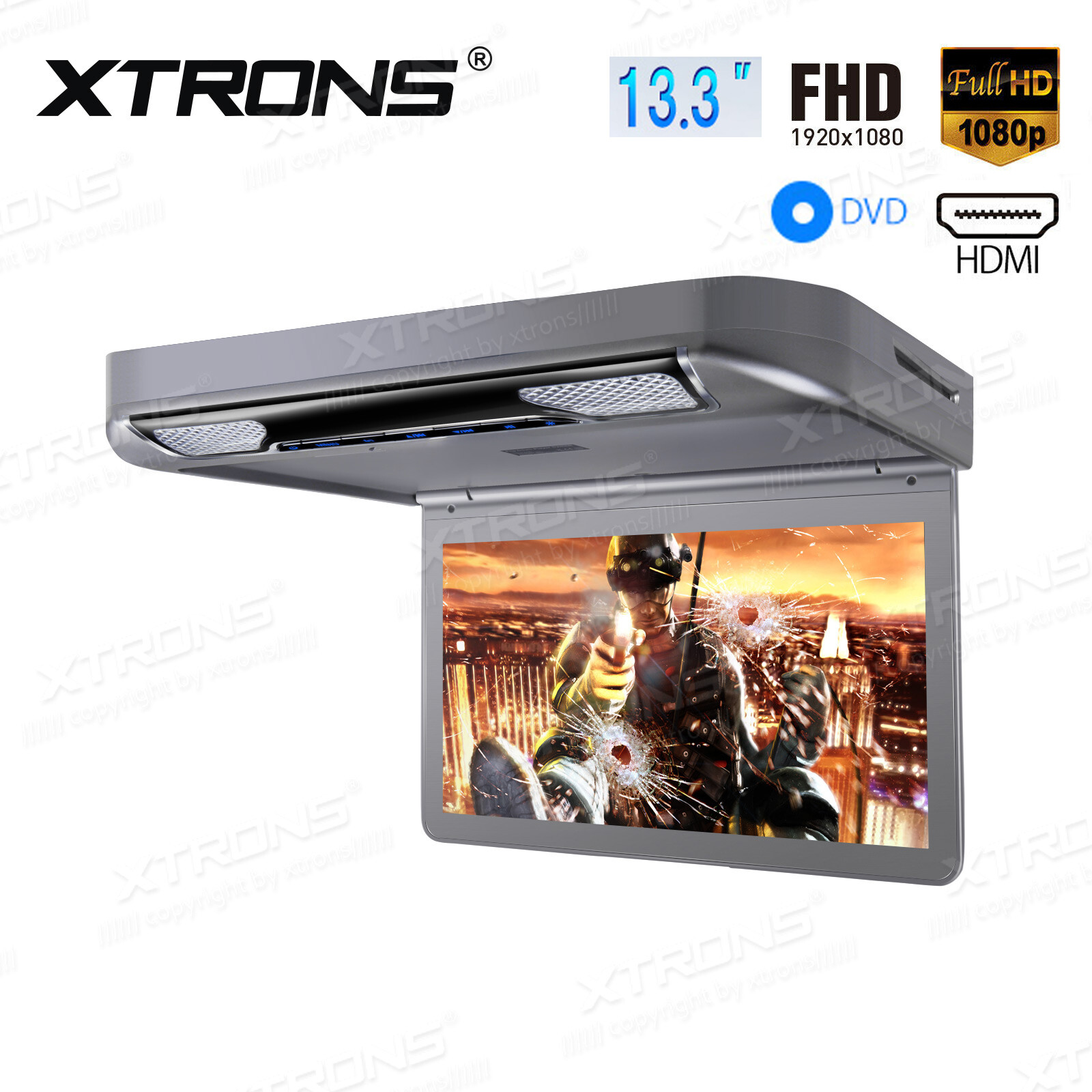 13.3" Car Roof Overhead DVD Player Mount Flip Down Monitor HDMI/USB/SD 1080P HD