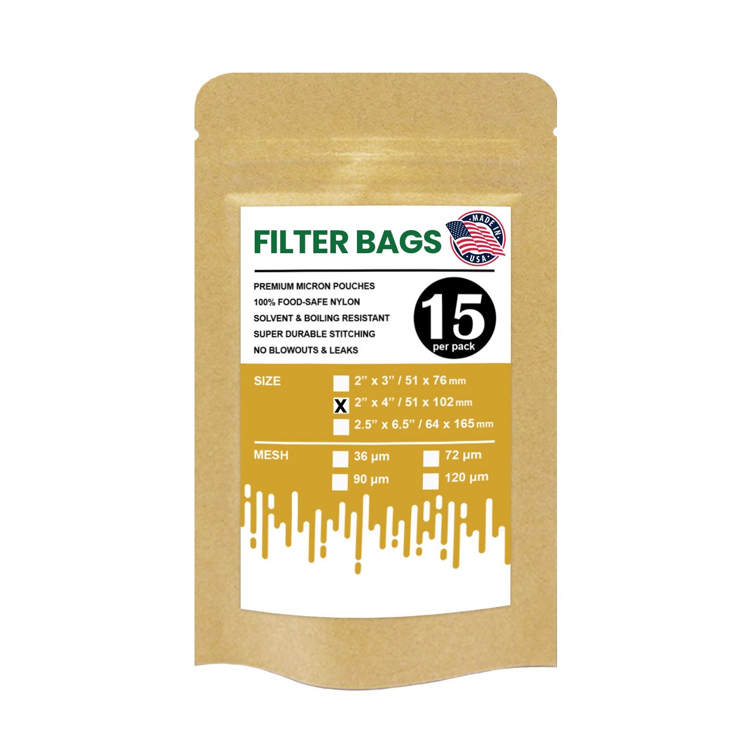 Premium Nylon Mesh Rosin Filter Bags, 2" x 4" - 36, 72, 90, 120 Microns