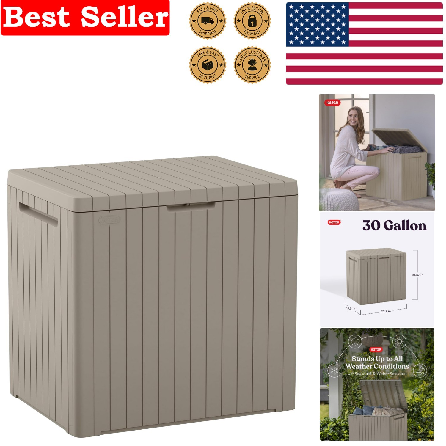 Compact Beige 30 Gallon Outdoor Storage Box & Versatile Garden Side Table