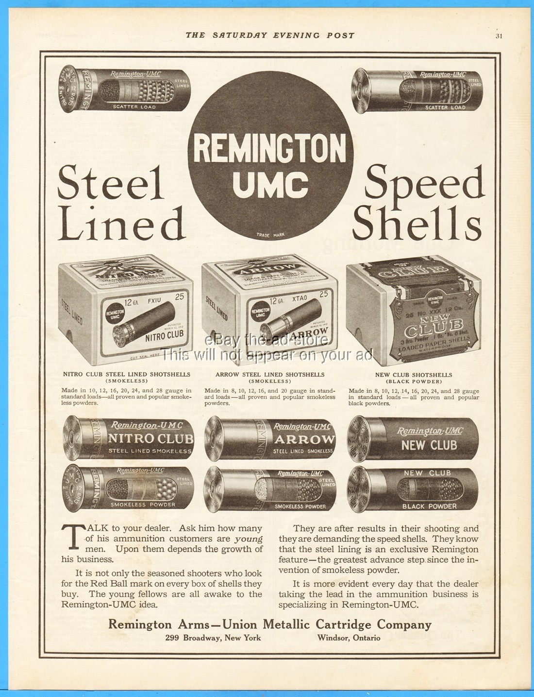 1913 Remington Arms UMC Shotgun Shell Box Steel Lined Nitro Club Arrow Print Ad