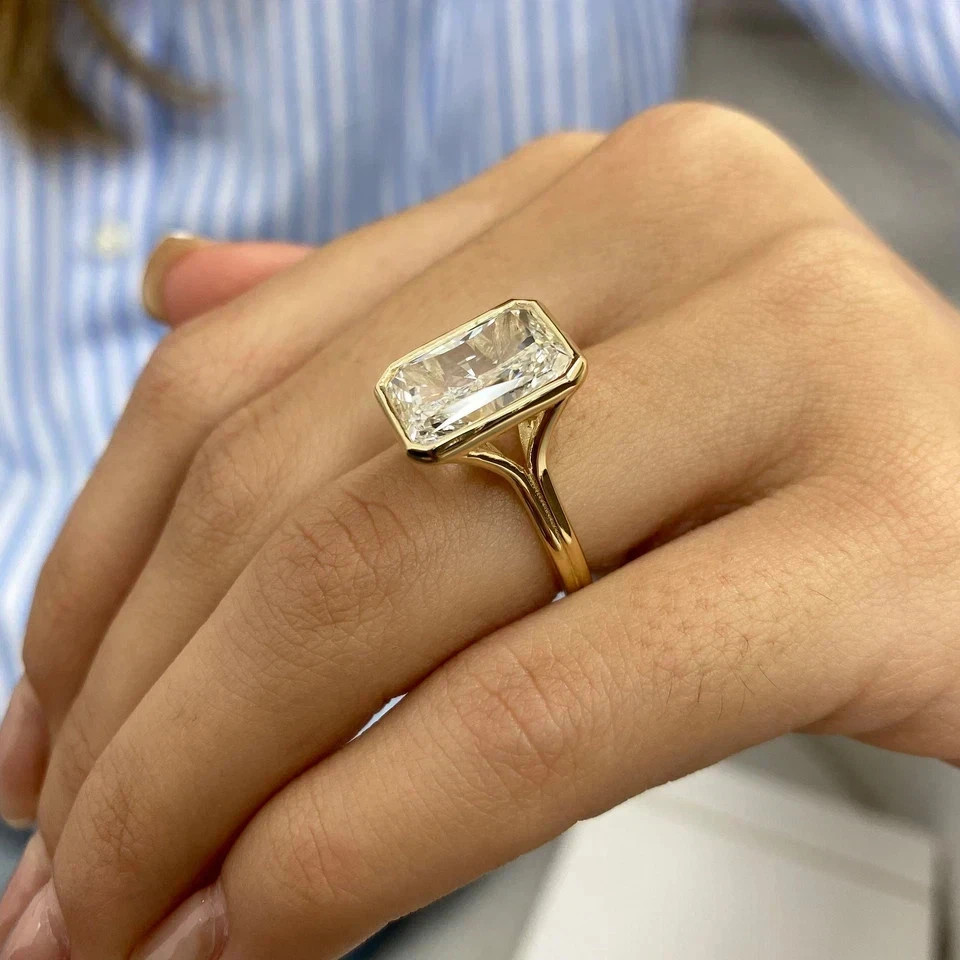 5 CT Radiant Cut Real Moissanite Bezel Engagement Ring 14k Yellow Gold Plated