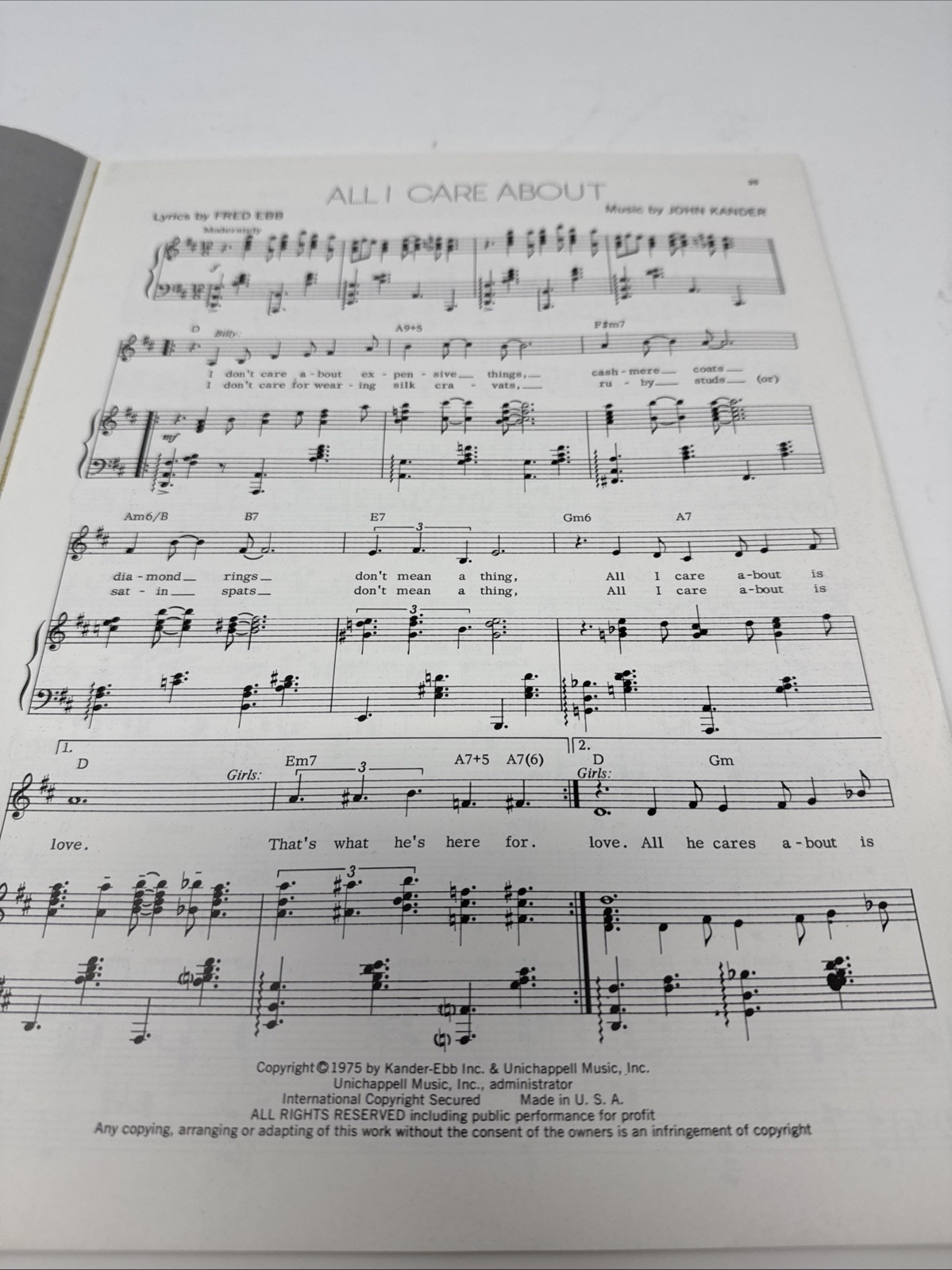 Chicago Vocal Selection Sheet Music Vintage 1975 Opening Night Performance