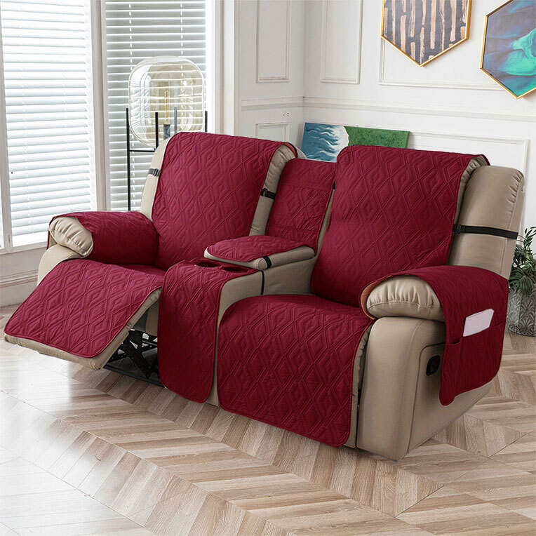 100% waterproof recliner cover double with center console, strap design，