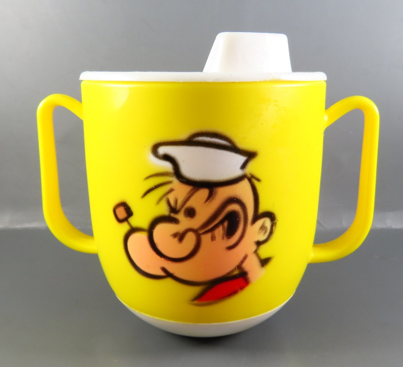 VTG SIPPY CUP 2-Handles Plastic WEIGHTED BASE TOMMEE TIPPEE STYLE Popeye Yellow