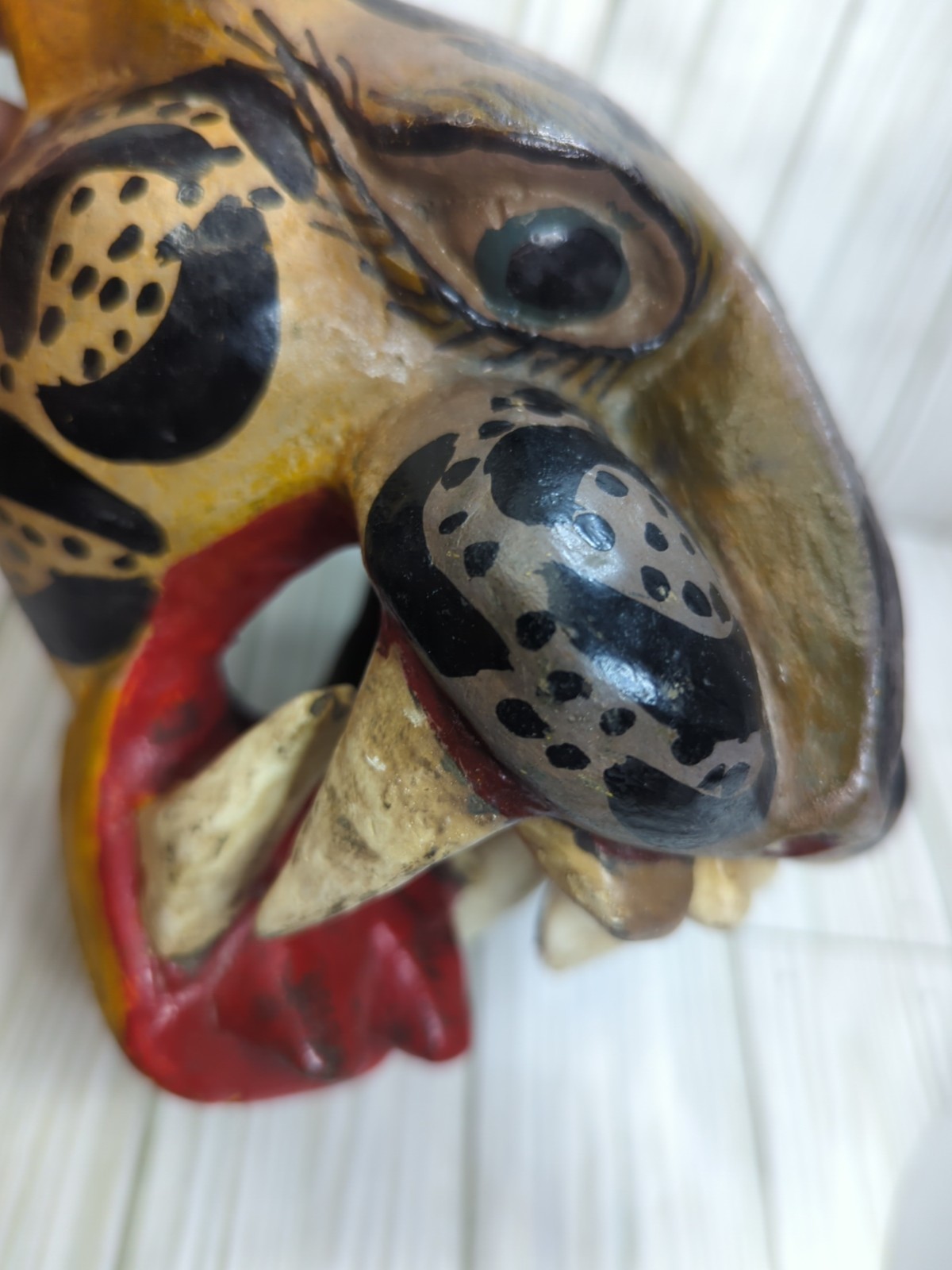 Mexican Nahua Folk Art Guerrero Carved Wood Cat Jaguar Animal Head