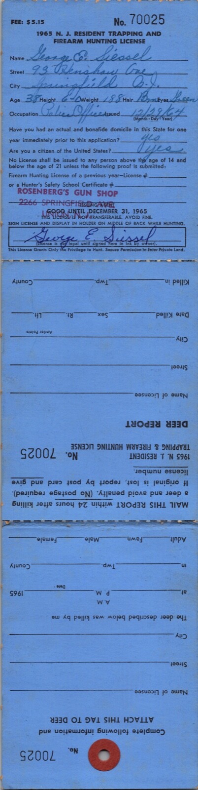 Hunting License Deer Tag 1965 New Jersey