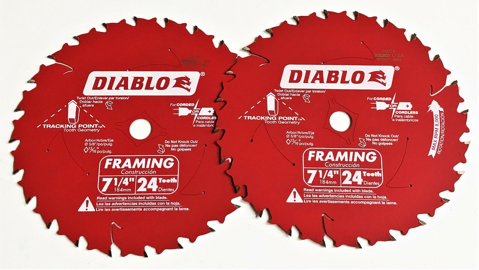 2 DIABLO 7-1/4" CARBIDE TIP CIRCULAR SAW BLADES 24T 24 TOOTH FRAMING D0724 FREUD