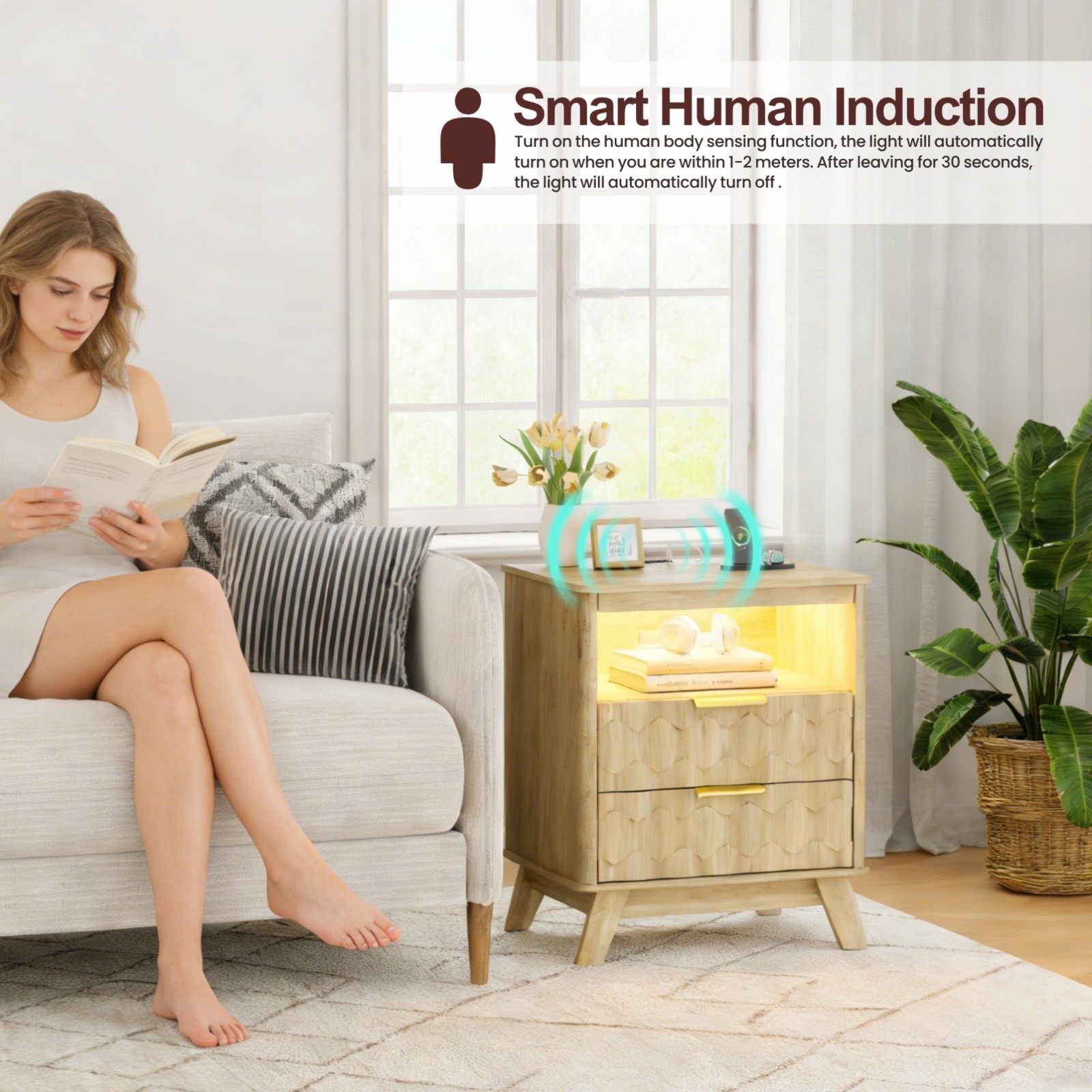 Gurexl LED Nightstand - with Auto Sensor, Natural Night Stand with 3 Color Light