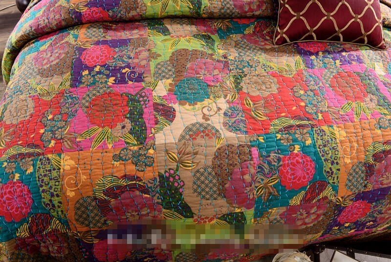 JEWEL RED 3p King QUILT SET : COTTON MOROCCAN BOHO FLORAL EXOTIC PRINT COMFORTER
