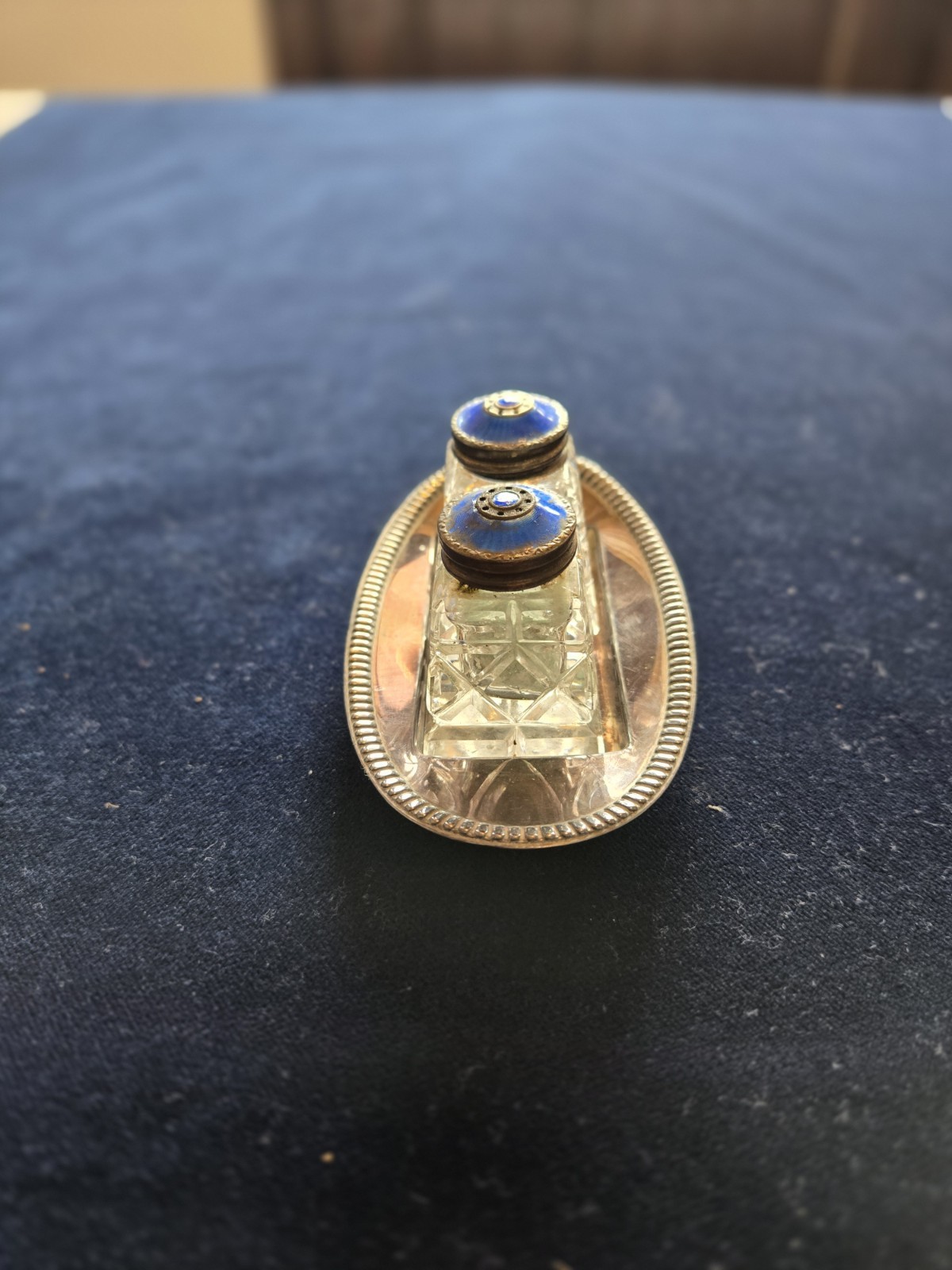 Antique Norway Guilloche Enamel Sterling Silver Salt & Pepper Set On Tray