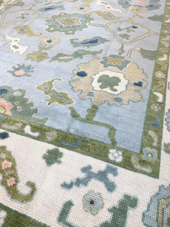 Green Blue Hand Knotted Oushak Rug Turkish Wool Area Carpet For Living Room 9x12