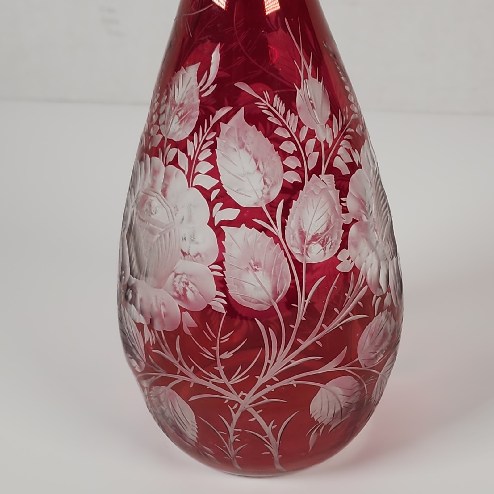 Bohemian Art Glass Ruby Red Liquor Decanter Etched Floral Design Vintage