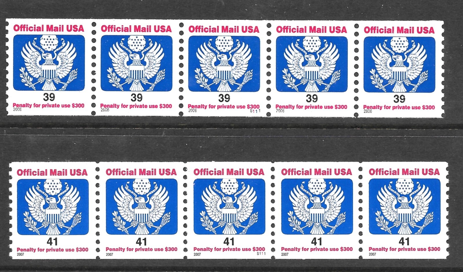 PNC5s Scott #O160, O162, Official 39c and 41c, Plate #S111, VF MNH Cat $18.50