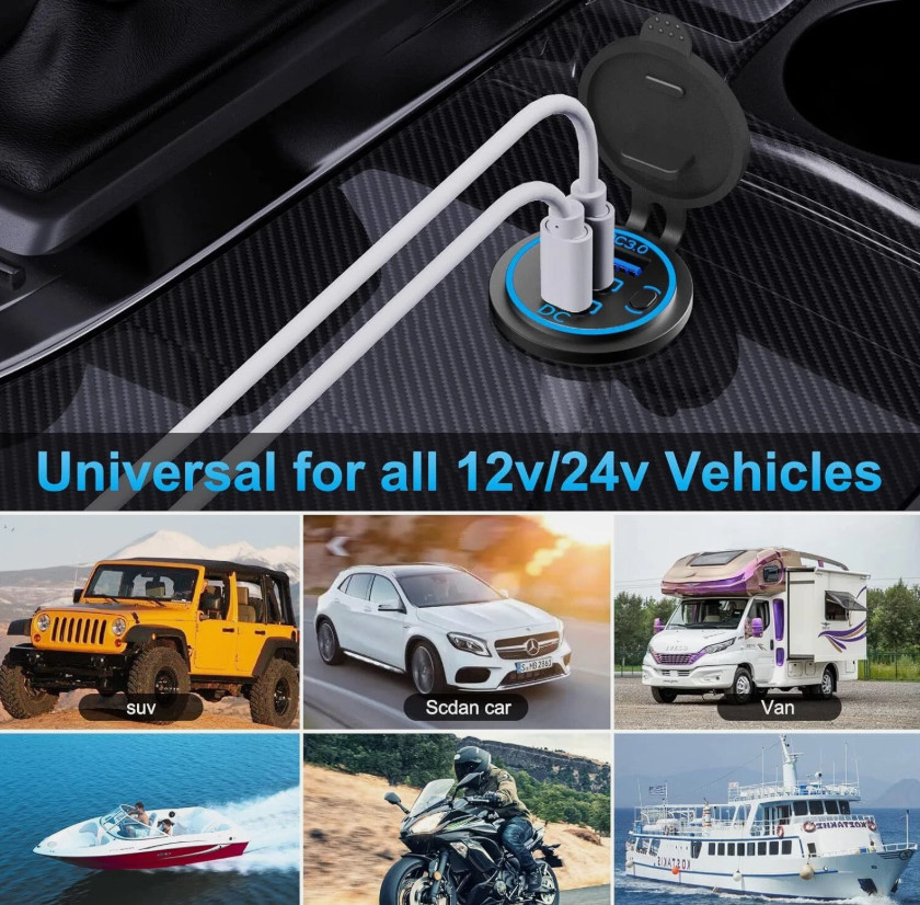 12V-24V QC3.0 + PD USB C Car Fast Charger Power Socket Outlet for Boat RV Marine