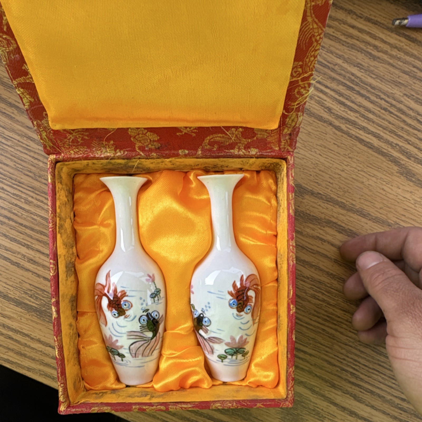Pair of Chinese Porcelain Vases with Fish Motif, Script, Silk-Lined Gift Box