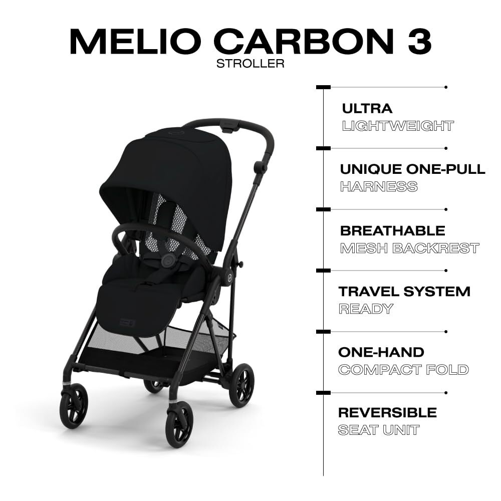 CYBEX Melio Carbon 3 Stroller Lightweight Compact One Hand Fold Moon Black
