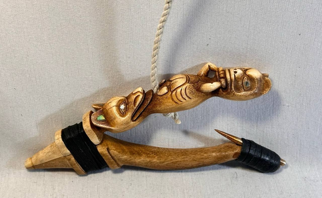 Wolf and Beaver Totem Halibut Hook, Shell Inlay, Northwest Coast Design