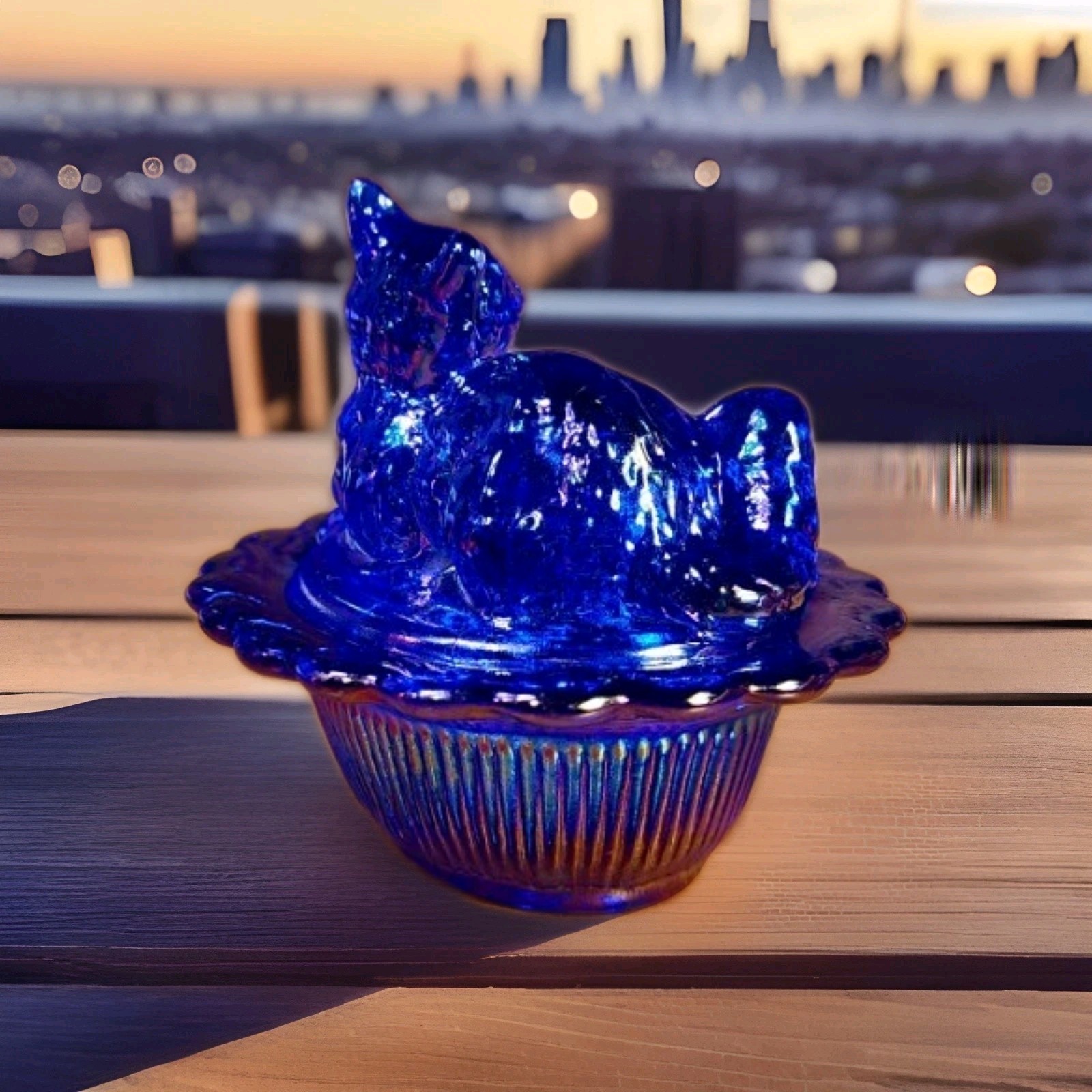 Mini Cat On Basket Cobalt Blue Carnival 2.75" x 2.25" Mosser Glass