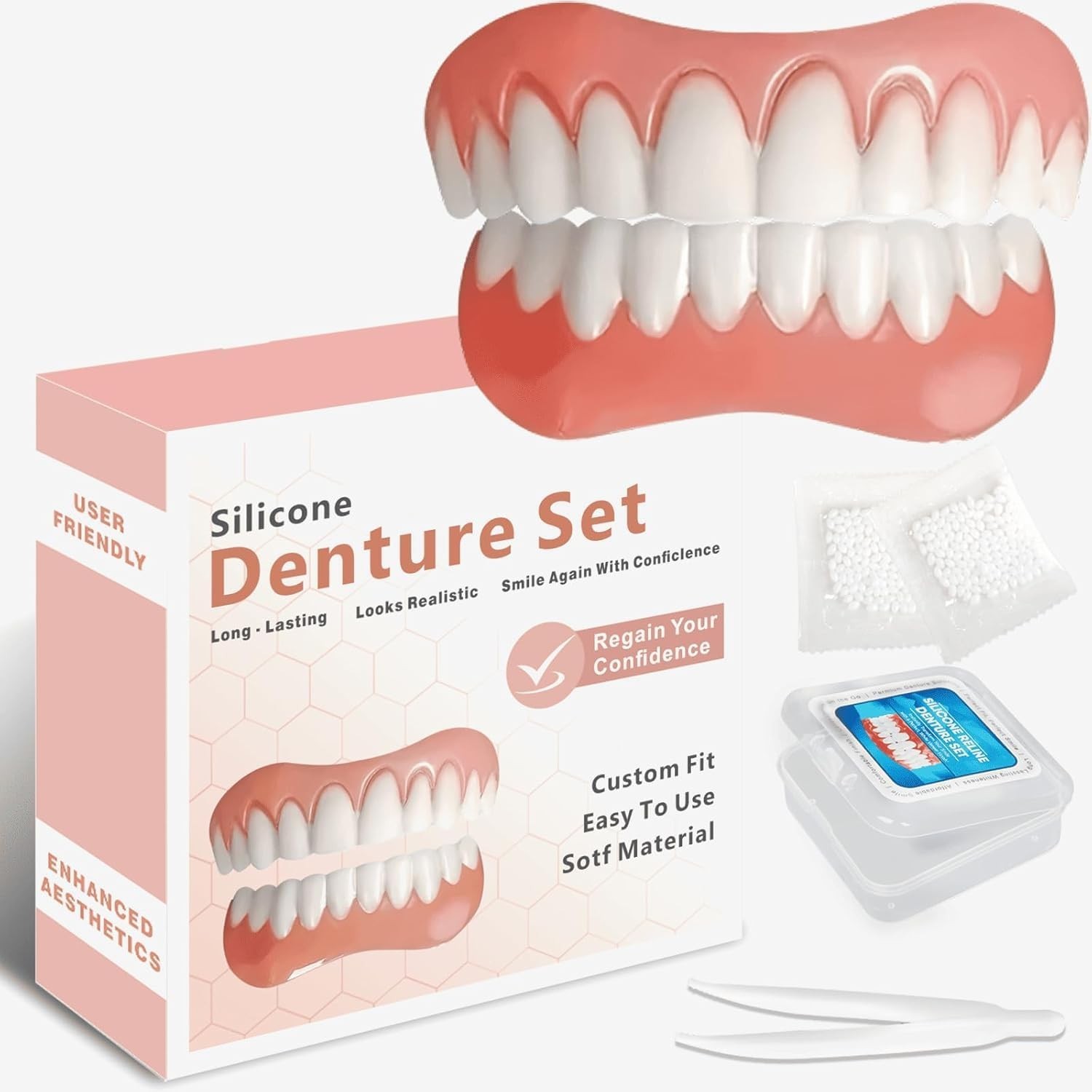 Silicone Dentures for Men & Women, Upper & Lower False Teeth, Natural Shade Smil