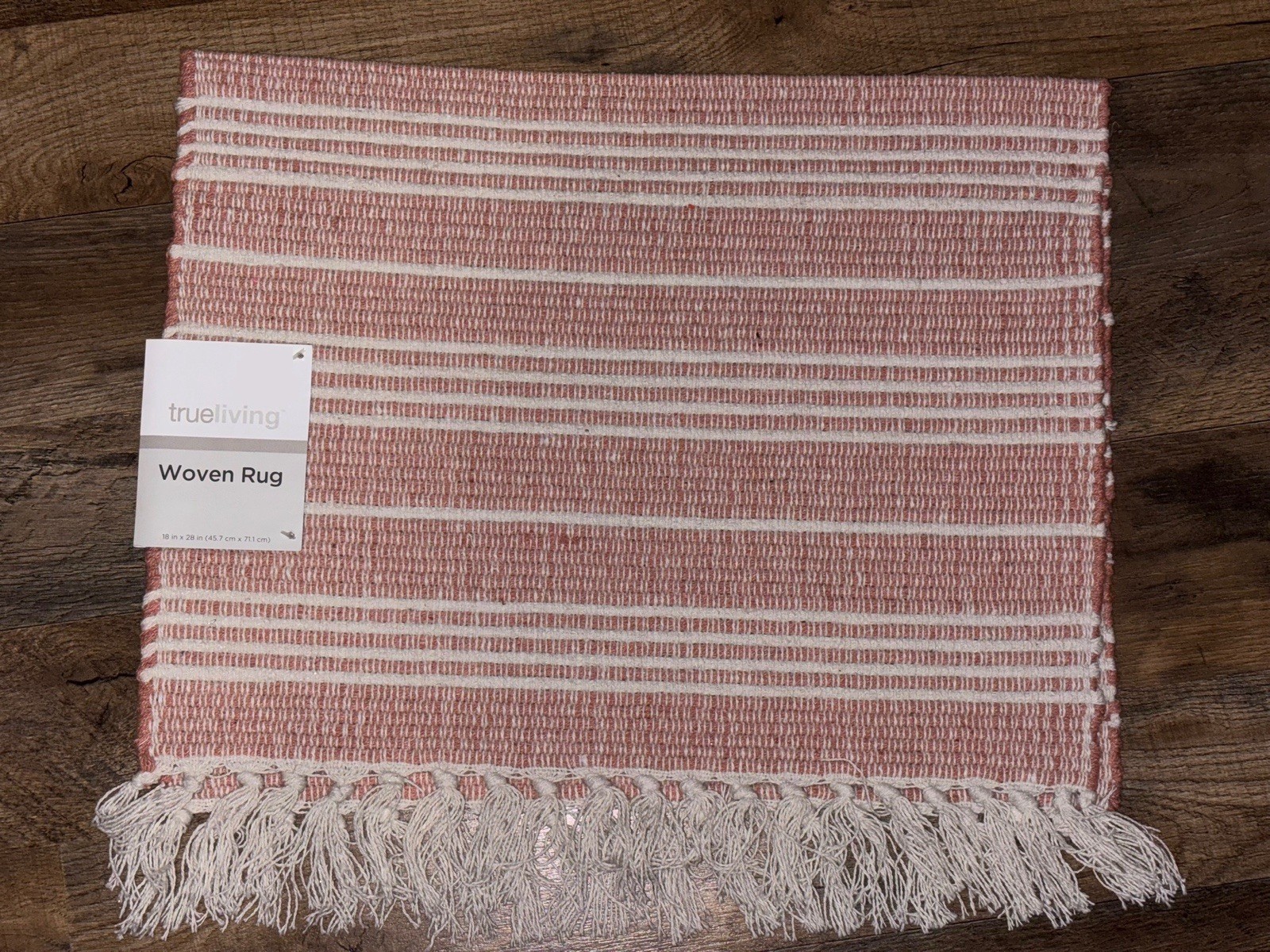 True Living Woven Accent Rug 18x28 Blush Pink Striped Fringe Farmhouse