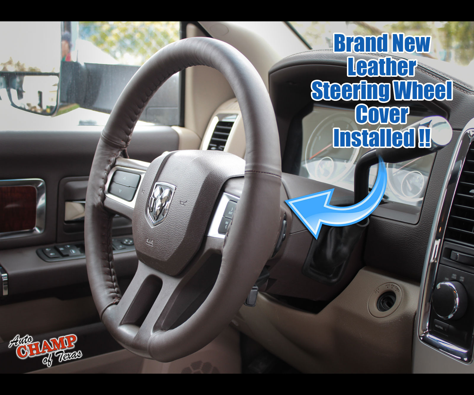 For 2009-2012 Dodge Ram 1500 2500 3500-Leather Steering Wheel Cover, Dark Brown