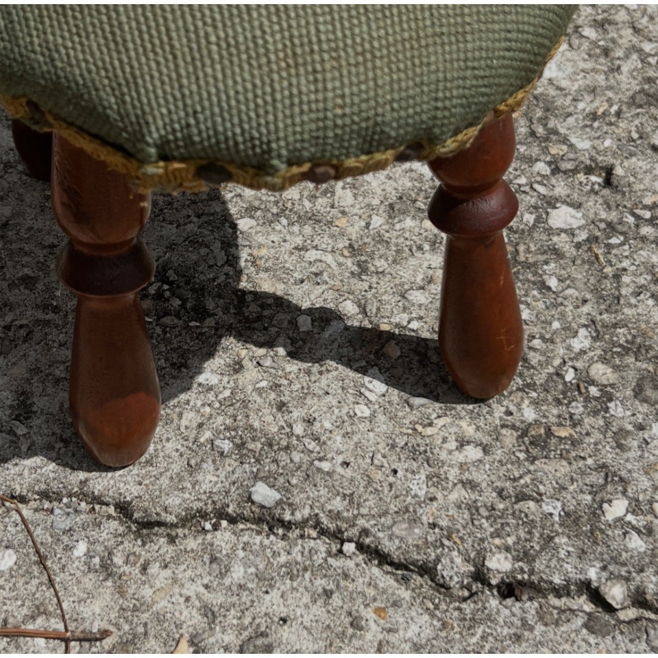Vintage Needlepoint Footstool Floral Embroidery Wood Legs Oval Small Stool Read