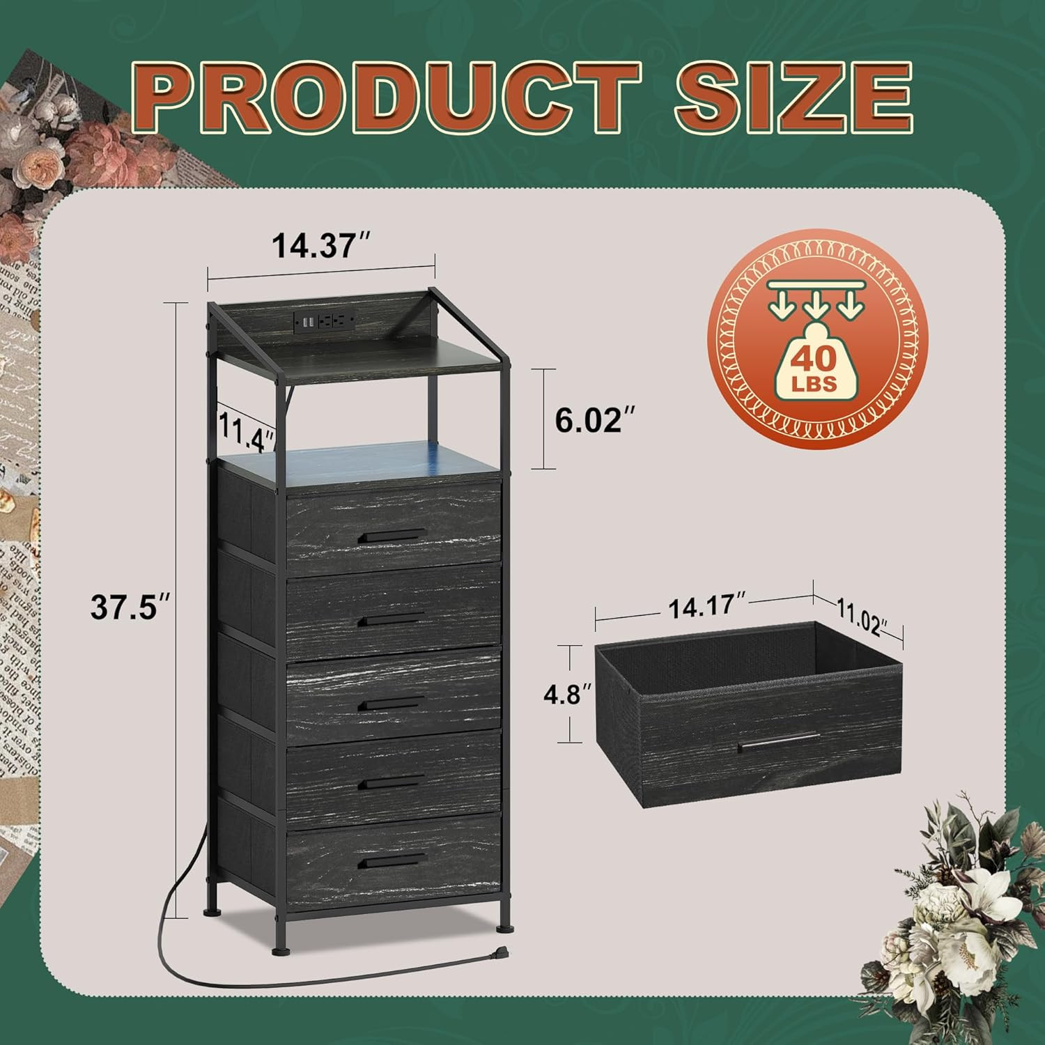 Nightstand 5 Drawer Dresser with LED Lights and Charging Station, Vertical Side