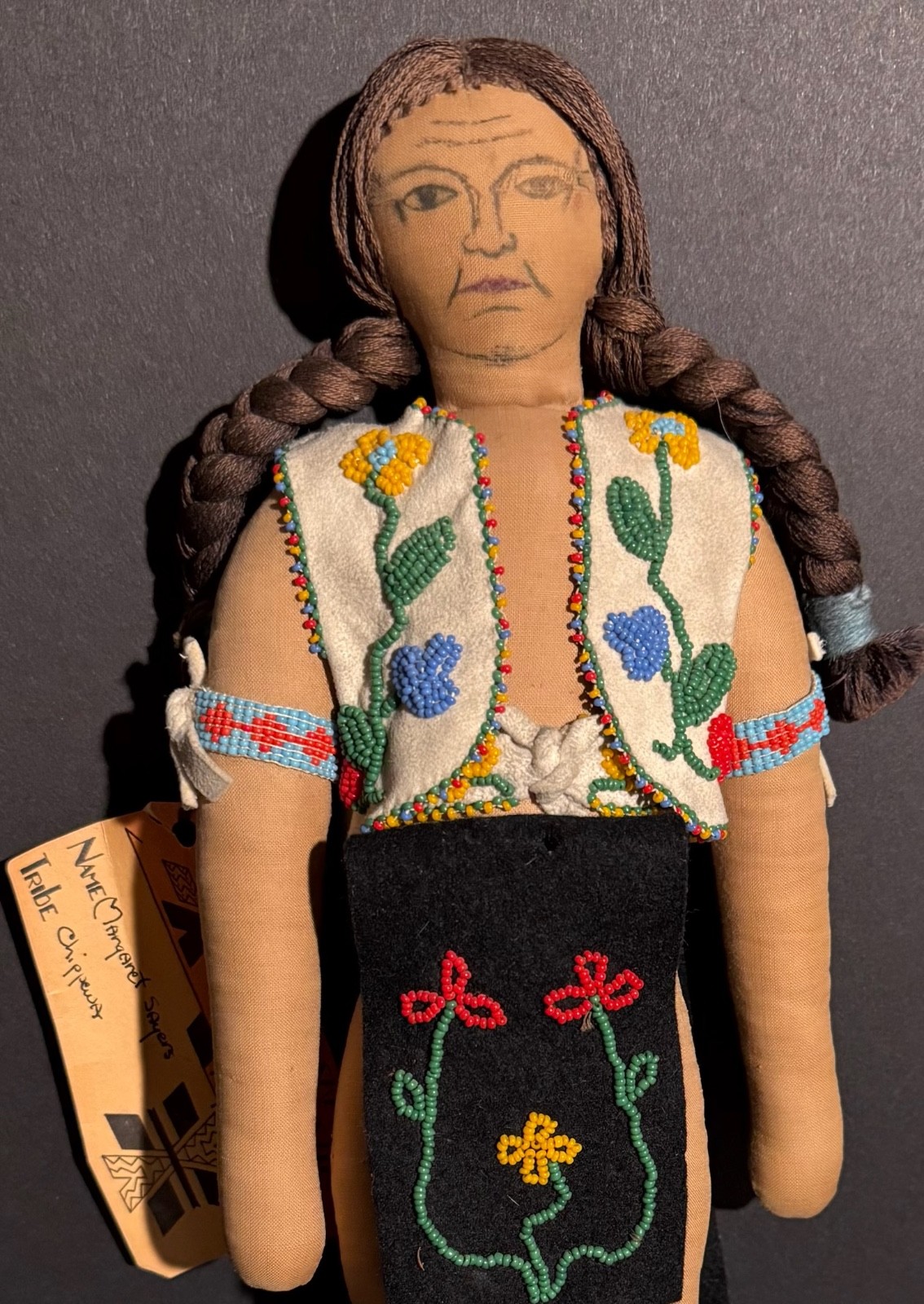 EXCEPTIONAL CHIPPEWA BEADED DOLL, “HASKELL INSTITUTE” TAG, DRAWN FACE, EXCELLENT
