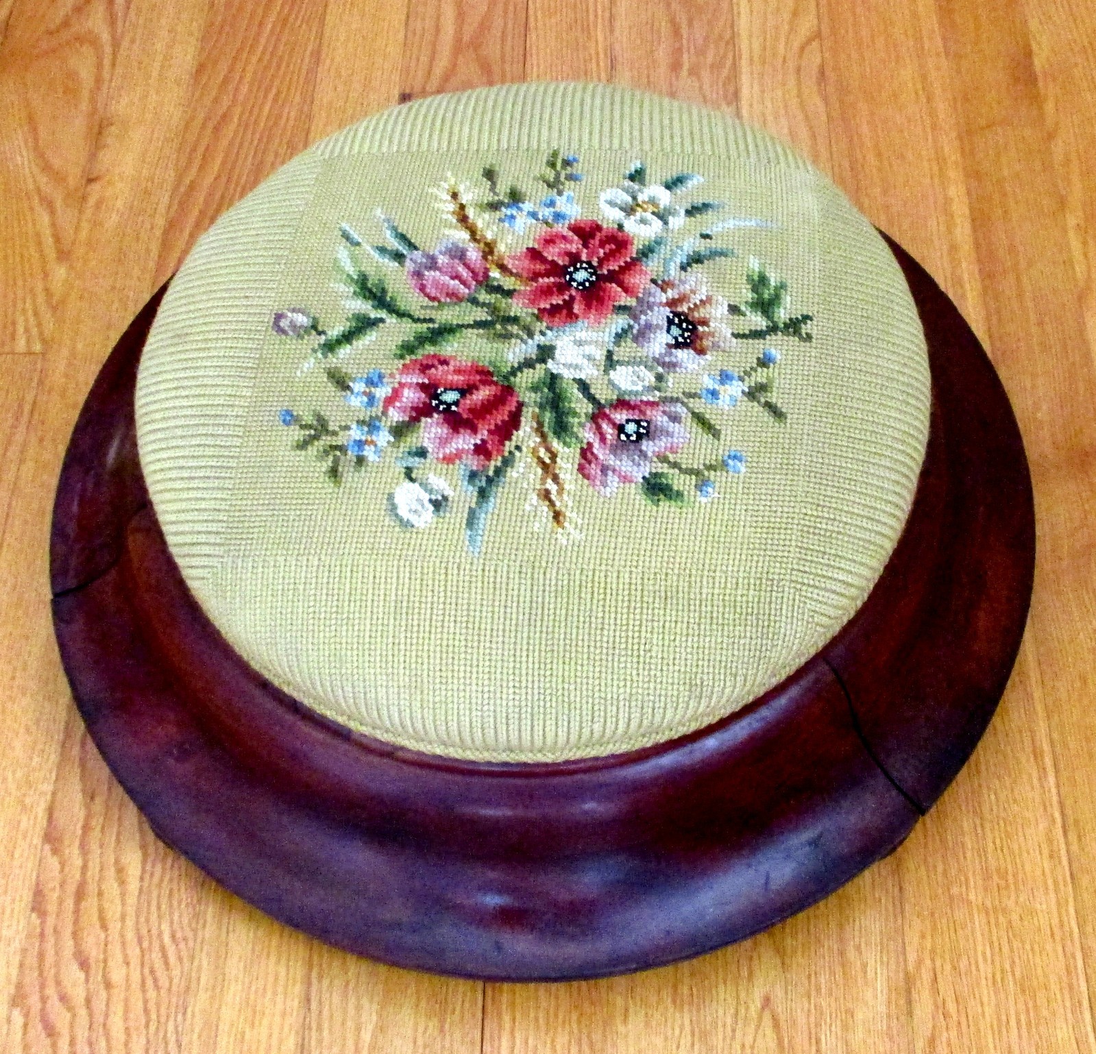 Antique Victorian Empire Pink Needlepoint Round Footstool Ottoman Mahogany