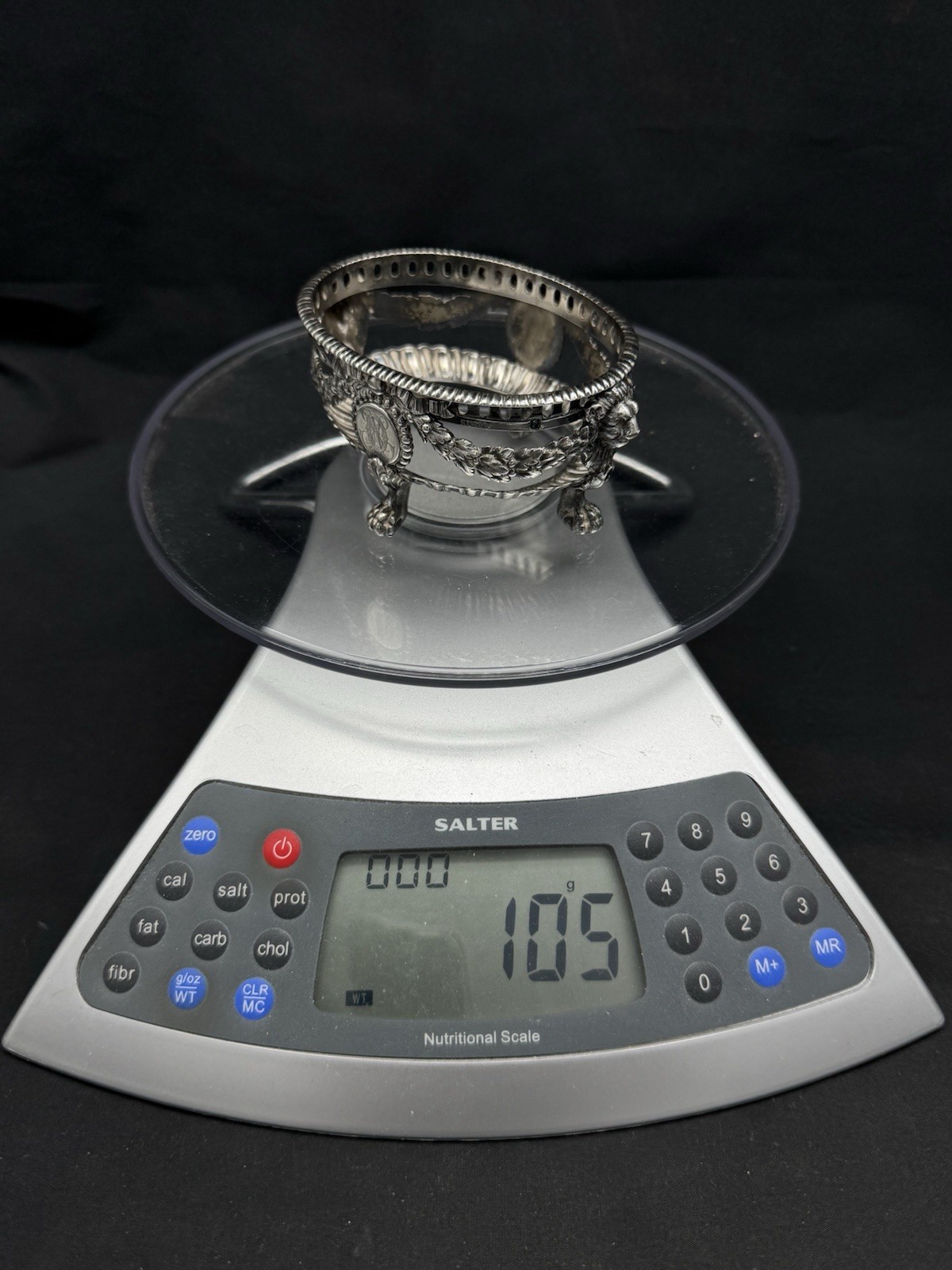 ANTIQUE FRENCH STERLING SILVER MASTER SALT CELLAR W/ COBALT BLUE GLASS INSERT